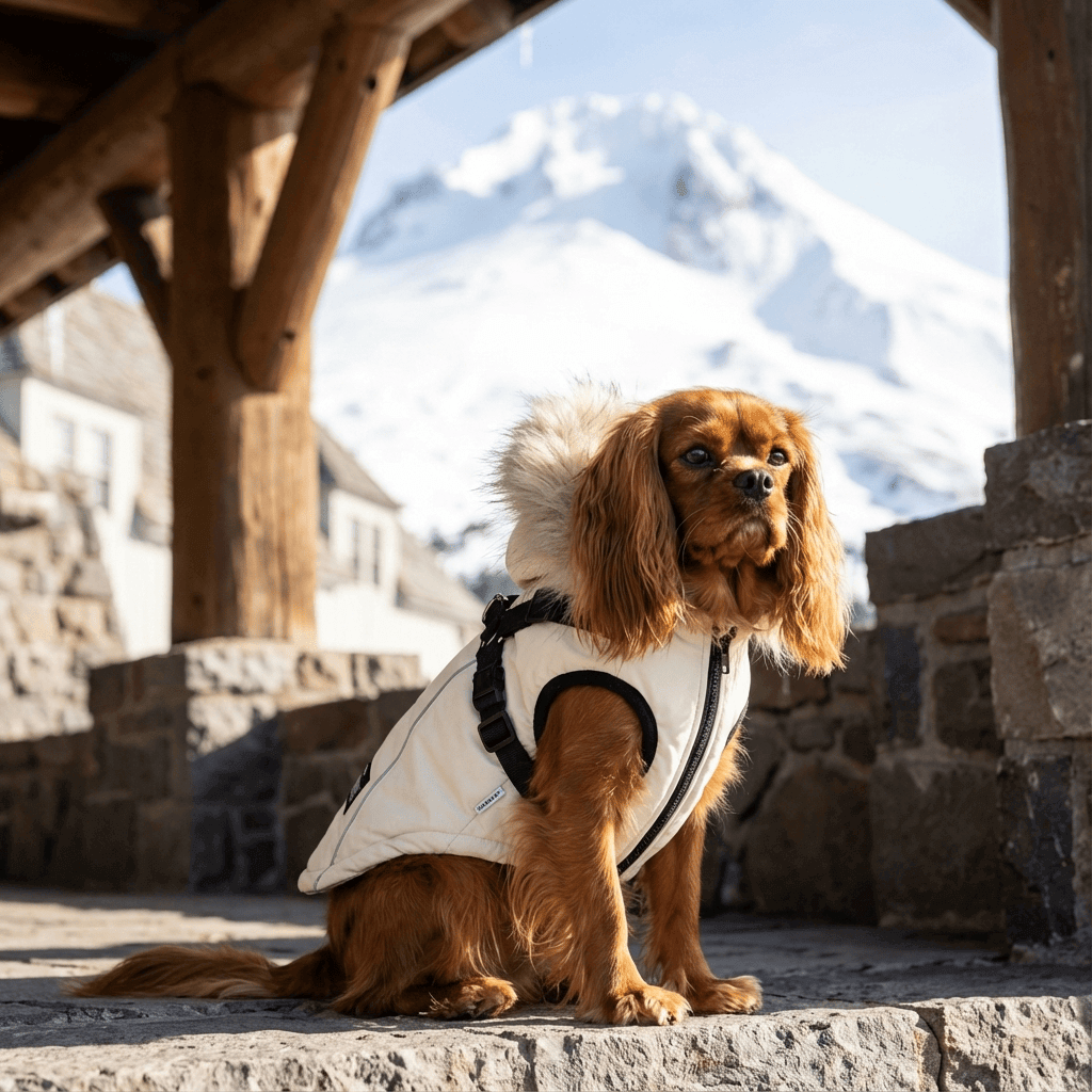 Pretty Paws Dog Coat for dogs, features fur-trimmed hood, padded design, perfect for winter adventures.