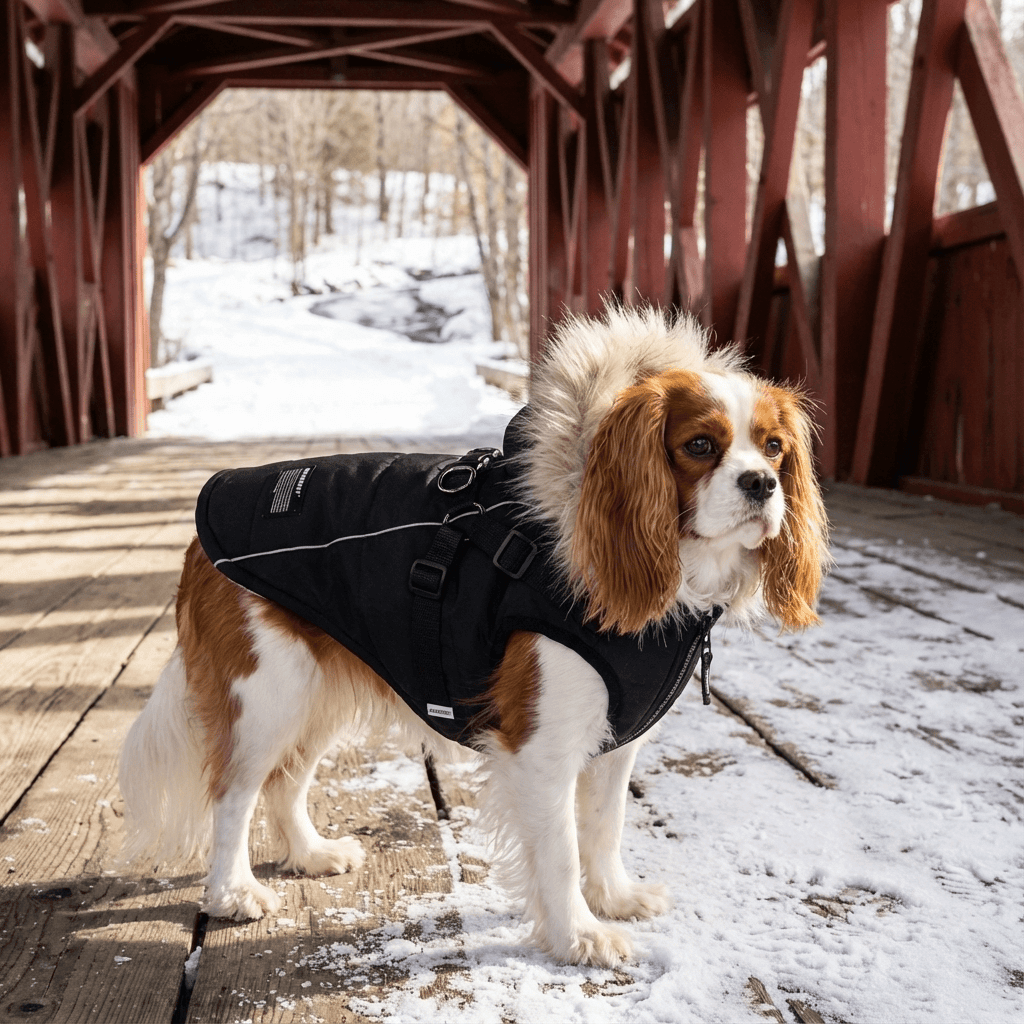 Pretty Paws Dog Coat on a Cavalier King Charles Spaniel, featuring a fur-trimmed hood and durable design.