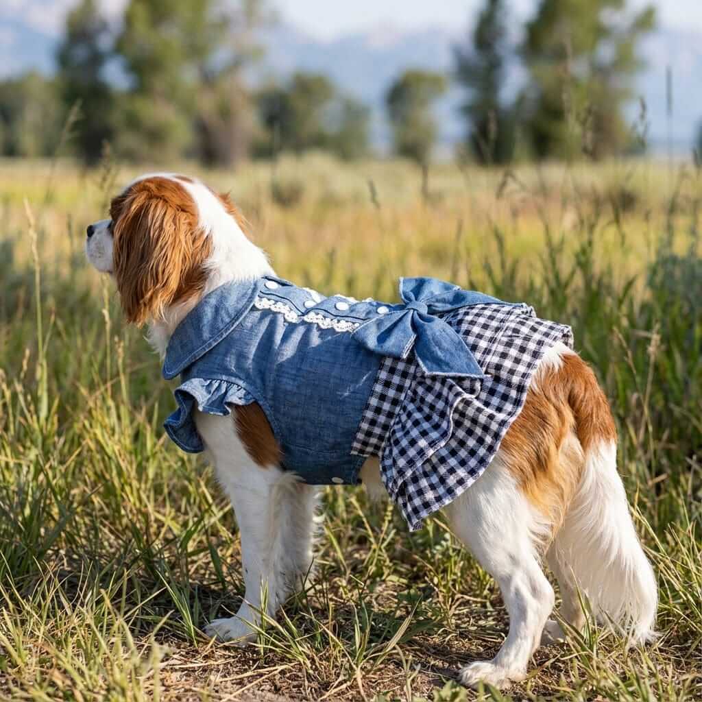 Princess Bow Skirt Teddy Dress for dogs, featuring a bowknot, tiered skirt, collar, lightweight breathable material.