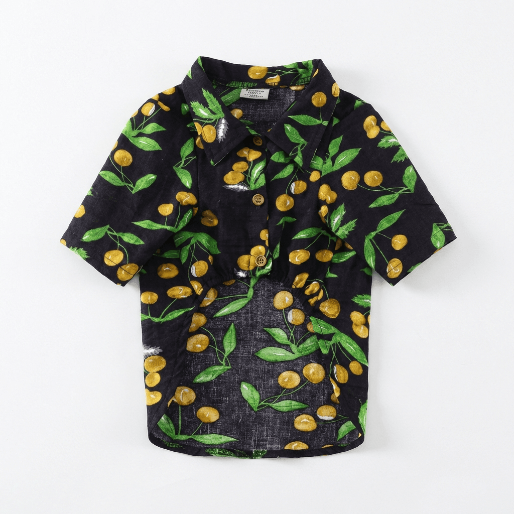 Printed Hawaiian Dog Shirt for dogs, trendy cotton design with vibrant fruit pattern, machine washable, by Dogs & Cats.