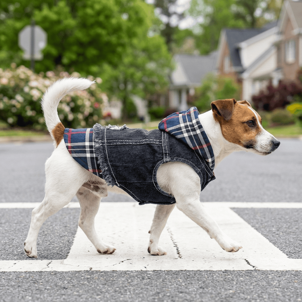 Pristine Plaid Denim Dog Vest Coat for dogs, featuring a fixed hood and breathable fabric, perfect for winter adventures.