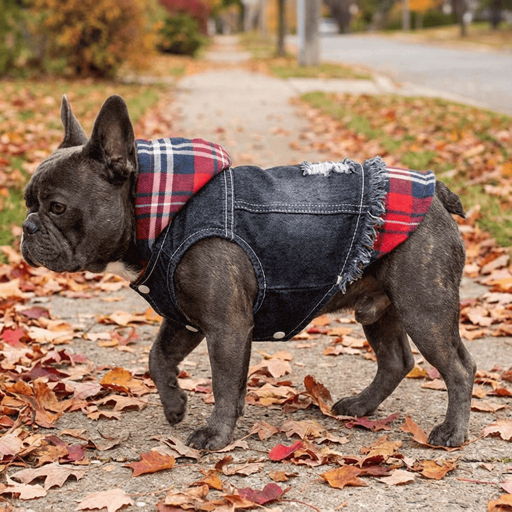 Pristine Plaid Denim Dog Vest Coat on a French Bulldog walking through autumn leaves, featuring breathable soft fabric.