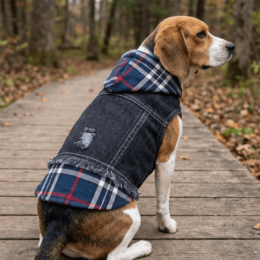 Dog wearing Pristine Plaid Denim Dog Vest Coat, featuring soft fabric, fixed hood, and stylish denim design for winter.
