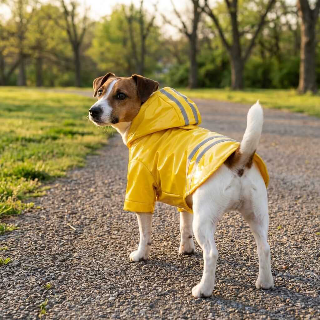 PU Reflective Hooded Dog Raincoat on a dog, featuring reflective stripes for safety in wet weather.