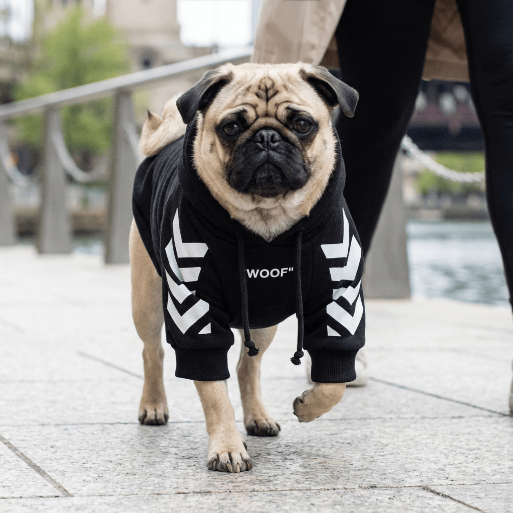 Keji Schnauzer Lawyer Dog Sweatshirt on a pug, providing warmth and style for pets, by Dogs & Cats