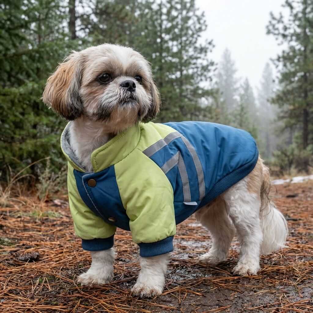 Puppy Reflective Strip Winter Dog Coat on a small dog in a forest, featuring breathable fabric and a stylish design.