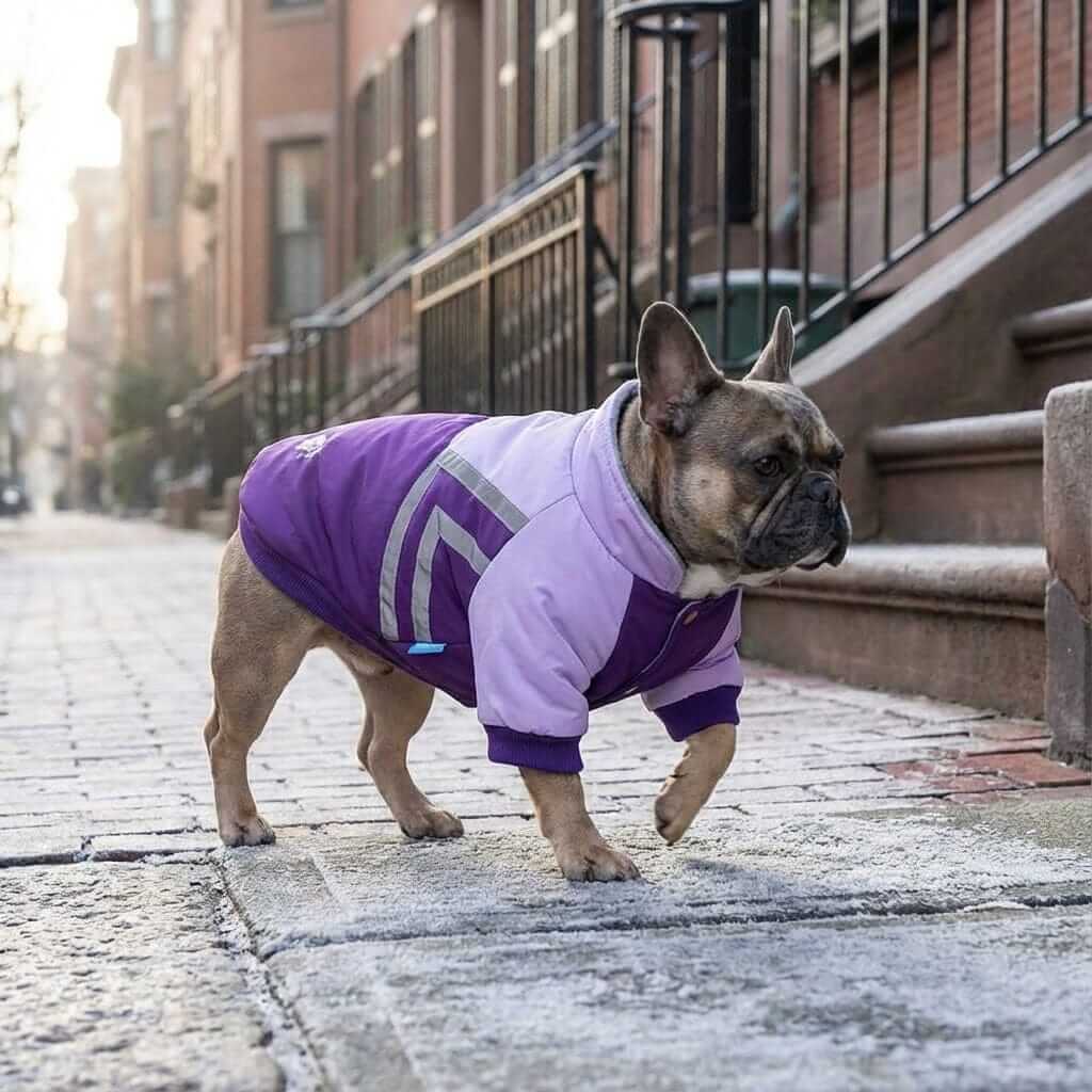 Puppy Reflective Strip Winter Dog Coat on French Bulldog, featuring breathable fabric and stylish design.