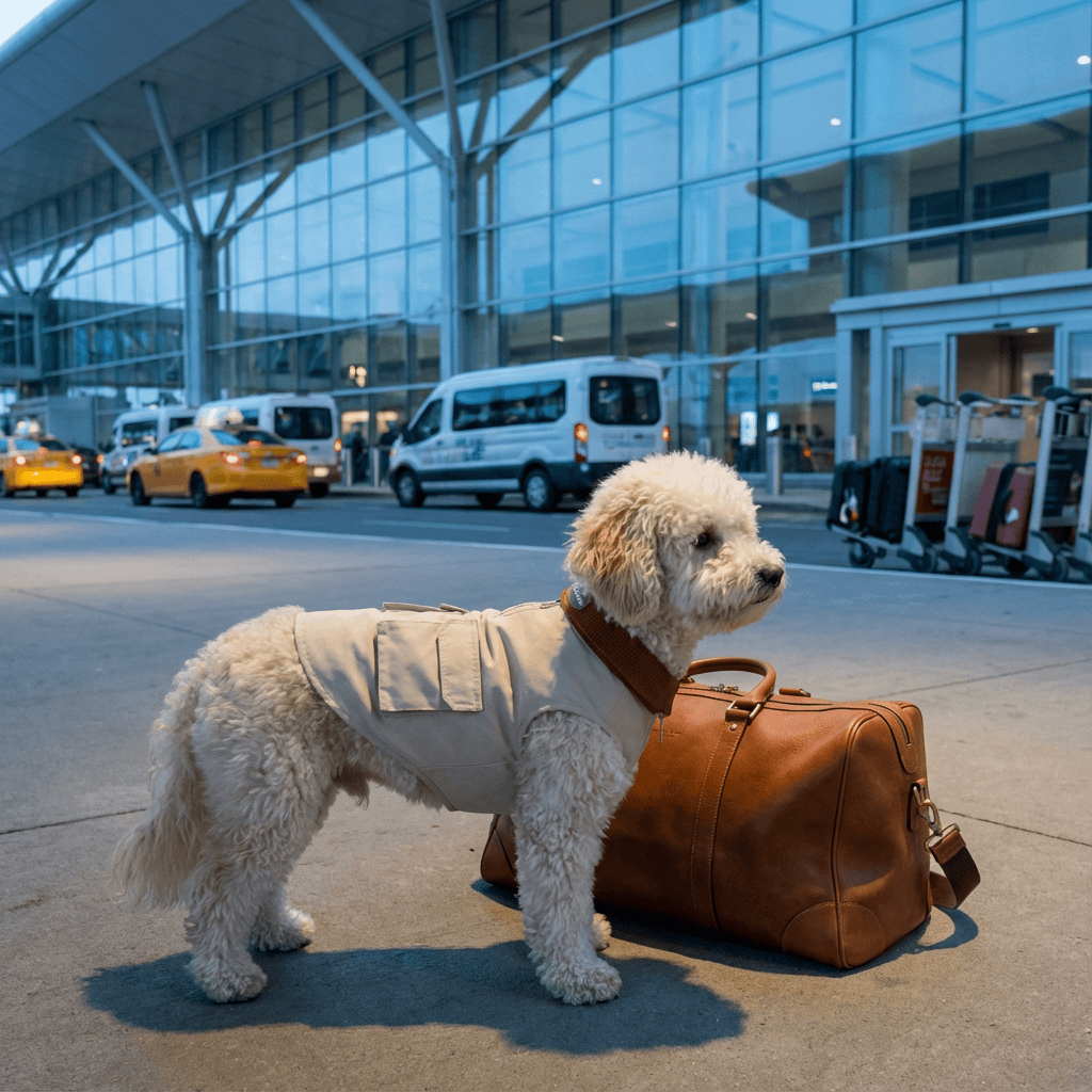 PupShield Waffle Dog Jacket on a curly dog at the airport, combining style, warmth, and outdoor protection.