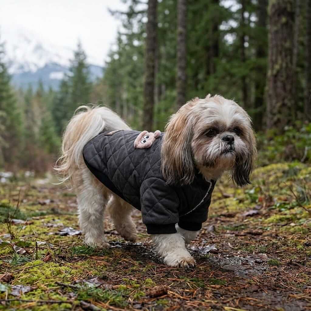 Dog wearing Purfect Touch Quilted Winter Dog Coat in a forest, featuring soft fabric and lightweight design.