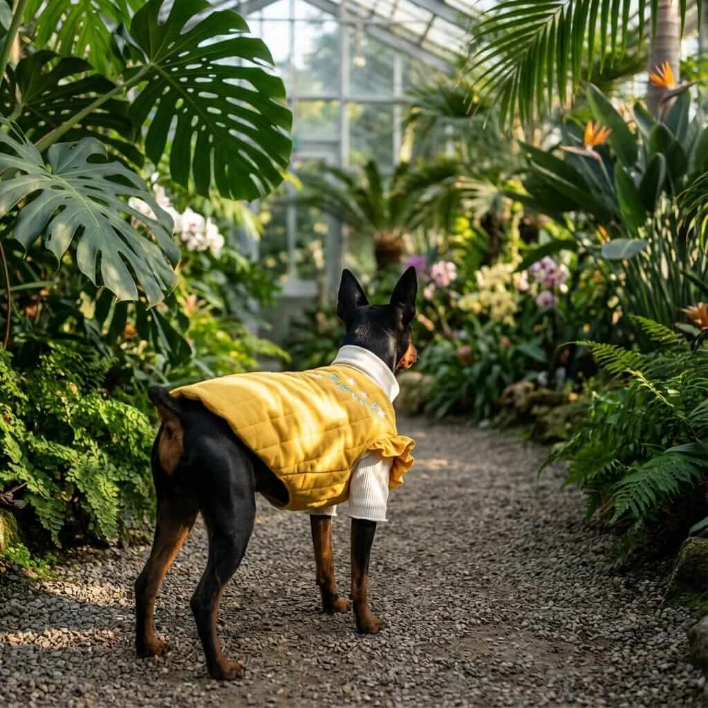 Quilted Embroidered Floral Winter Coat on a dog in a tropical garden, featuring lightweight design and floral embroidery.