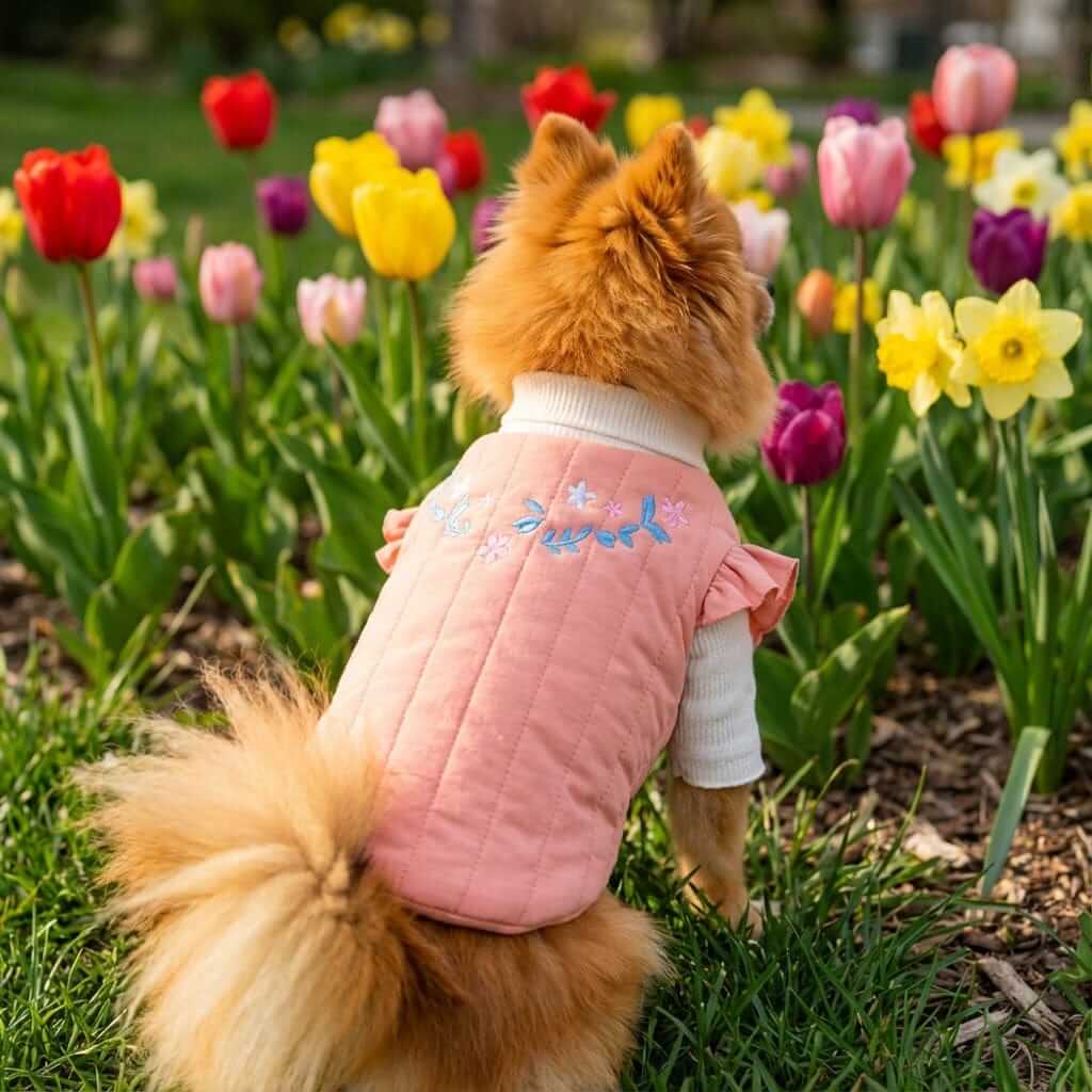 Quilted Embroidered Floral Winter Coat on a dog in a flower garden, featuring floral embroidery and lightweight design.