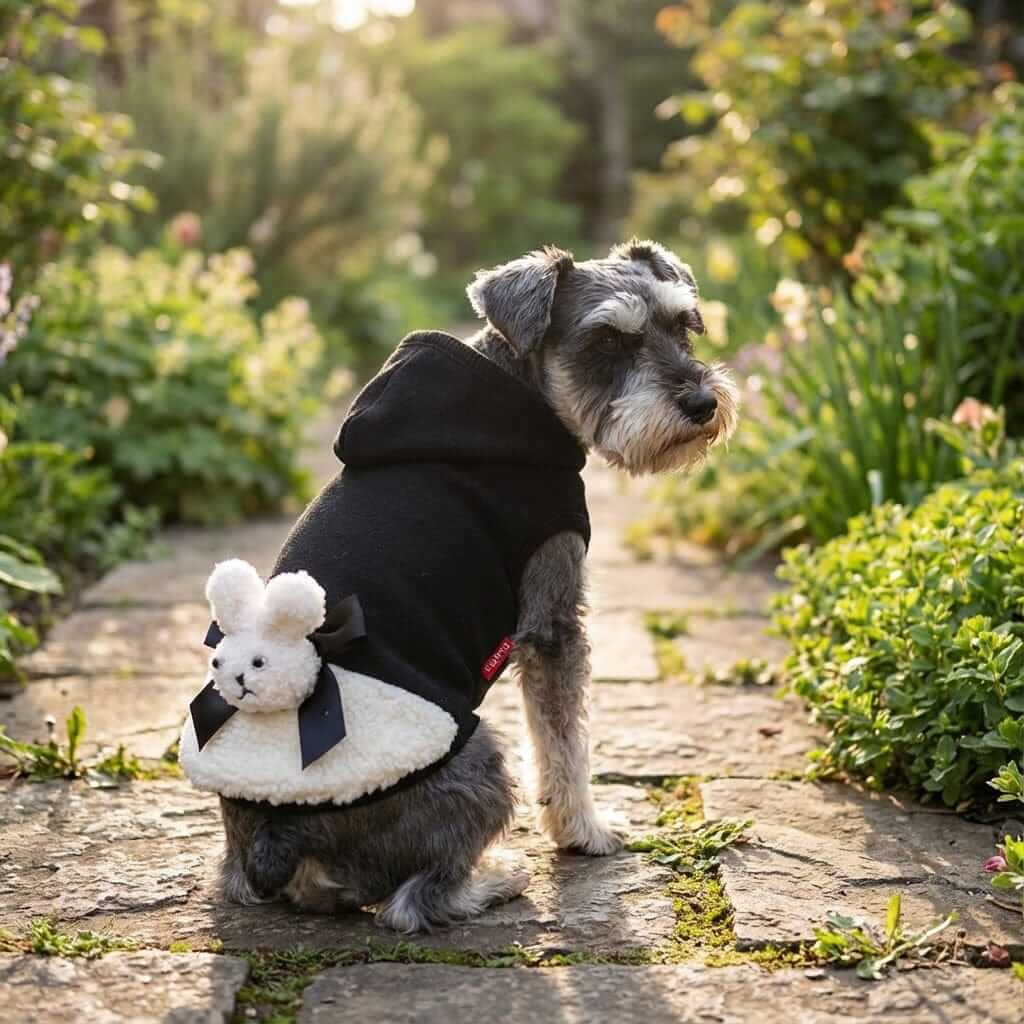 Rabbit Cuteness Wool Dog Sweater on a dog in a garden, featuring breathable fabric and two-legged style by Dogs & Cats.