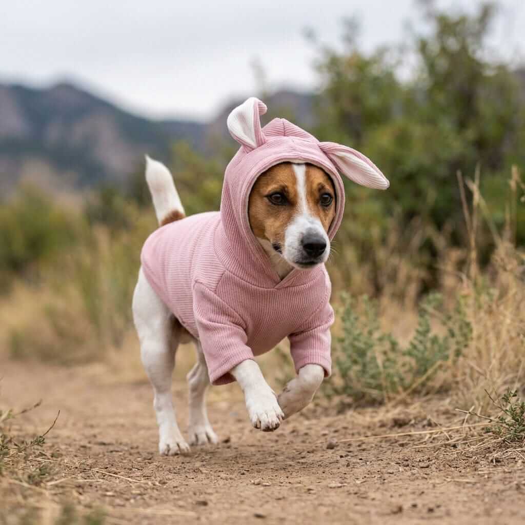 Rabbit Ears Dog Hoodie on a dog running outdoors in a soft, comfortable, stylish design for warmth and fun.