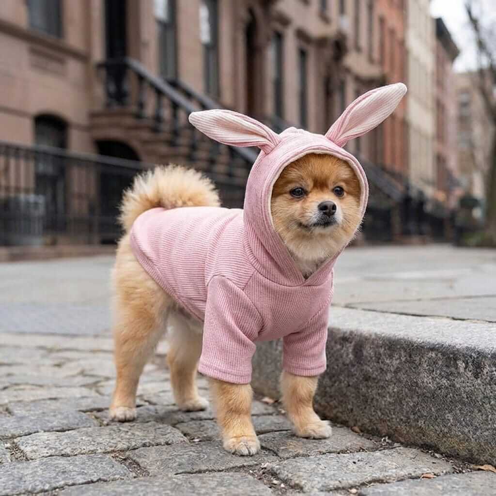 Cute dog wearing Rabbit Ears Dog Hoodie, featuring a comfortable fit and stylish bunny ears design for Dogs & Cats.