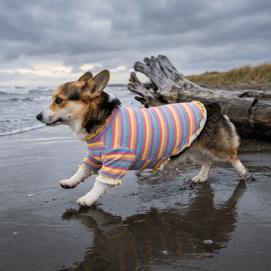 Rainbow Knit Dog Sweater on a corgi at the beach, featuring vibrant colors and soft fabric for comfort.