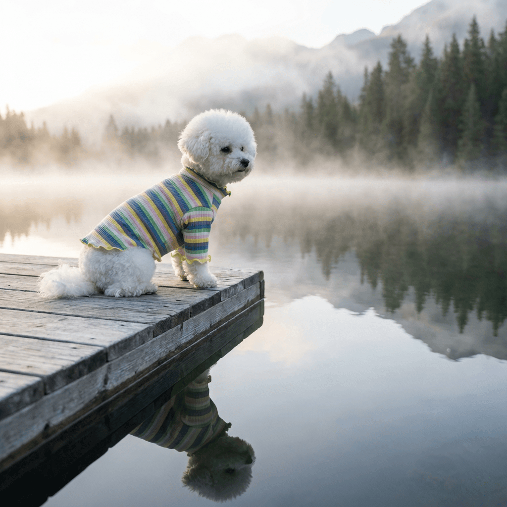 Rainbow Knit Dog Sweater on a fluffy dog by the lake, showcasing its vibrant colors and cozy style, perfect for pets.