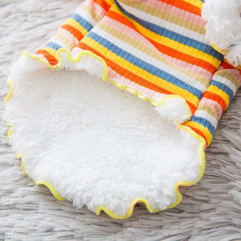 Rainbow Knit Dog Sweater close-up showing soft knit fabric and cozy interior for dogs and cats.