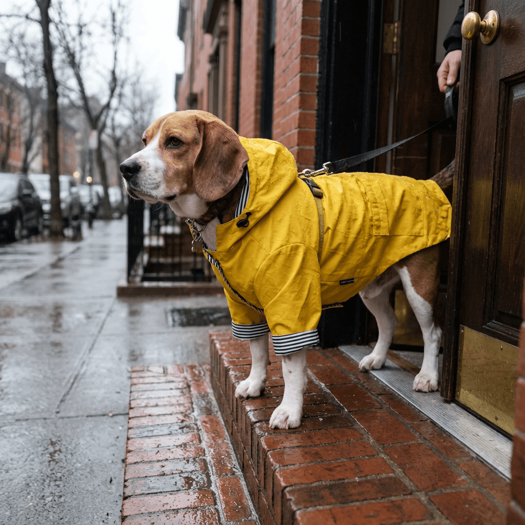 Beagle wearing a Raindrop Defender Dog Jacket in yellow, protecting against rain and wind, stylish and practical.