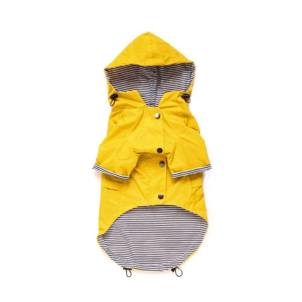 Raindrop Defender Dog Jacket in vibrant yellow, hooded design with snap closures for dogs & cats.