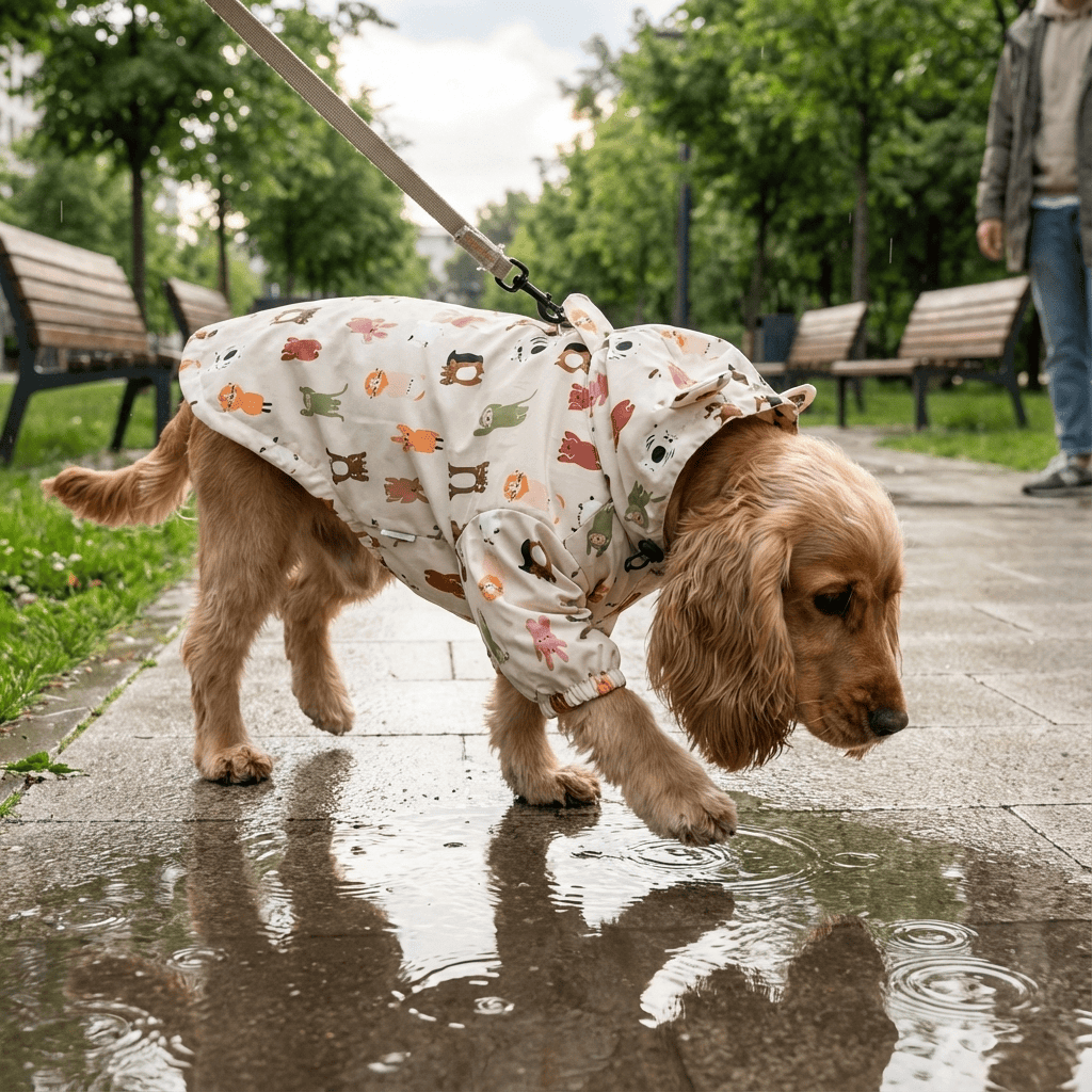 RainShield Dog Jacket on a cocker spaniel enjoying a walk in the rain, showcasing waterproof, lightweight features.