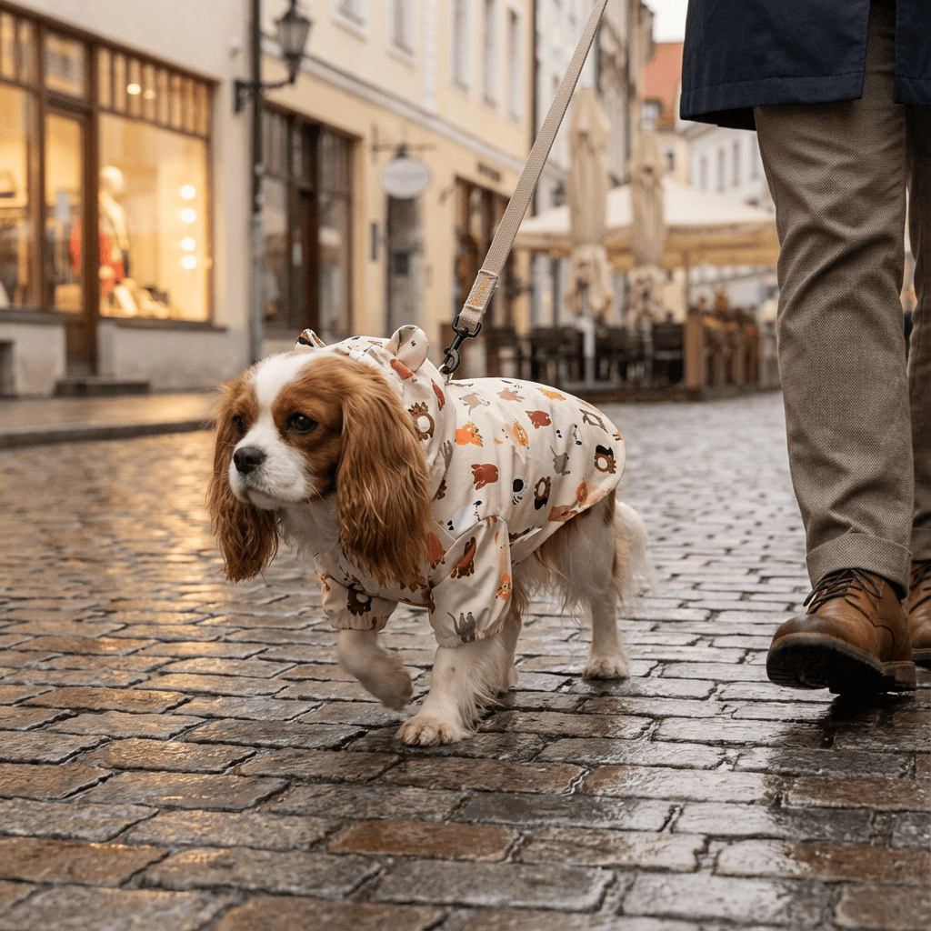 A small dog wearing a RainShield Dog Jacket walking on a wet street, showcasing its waterproof features by Dogs & Cats.
