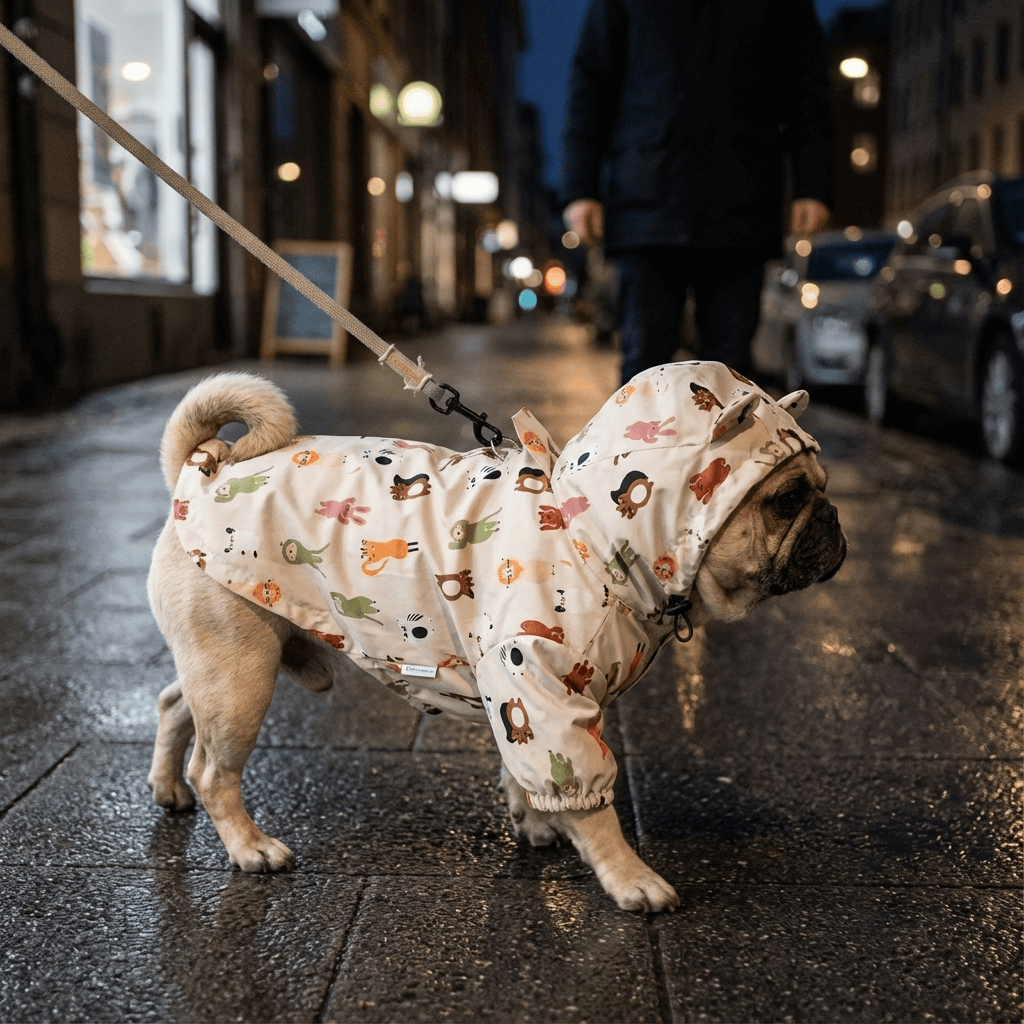 RainShield Dog Jacket on pug walking in rain, waterproof, lightweight, perfect for dogs & cats.