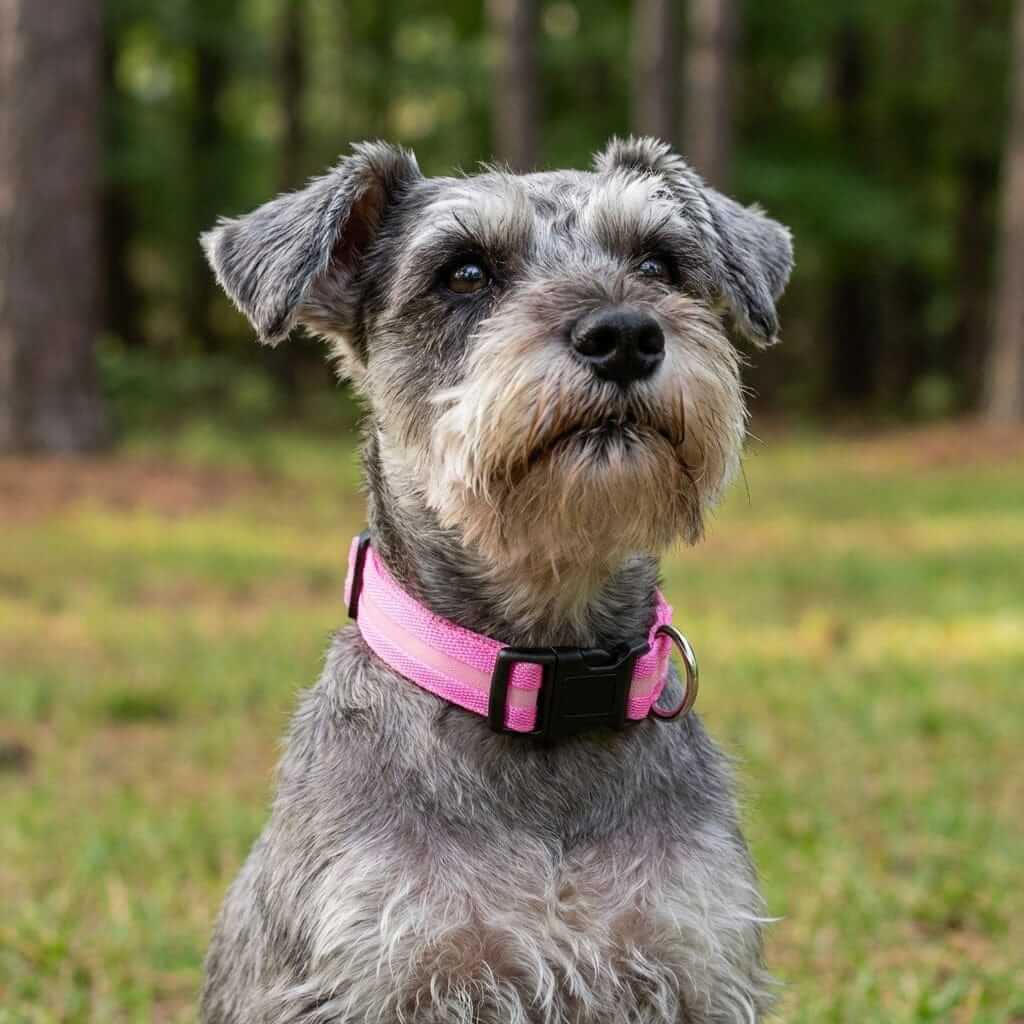 Rechargeable Flashing Light Collar for Dogs on a dog in a grassy area, featuring durable D-ring and corrosion-resistant buckle.