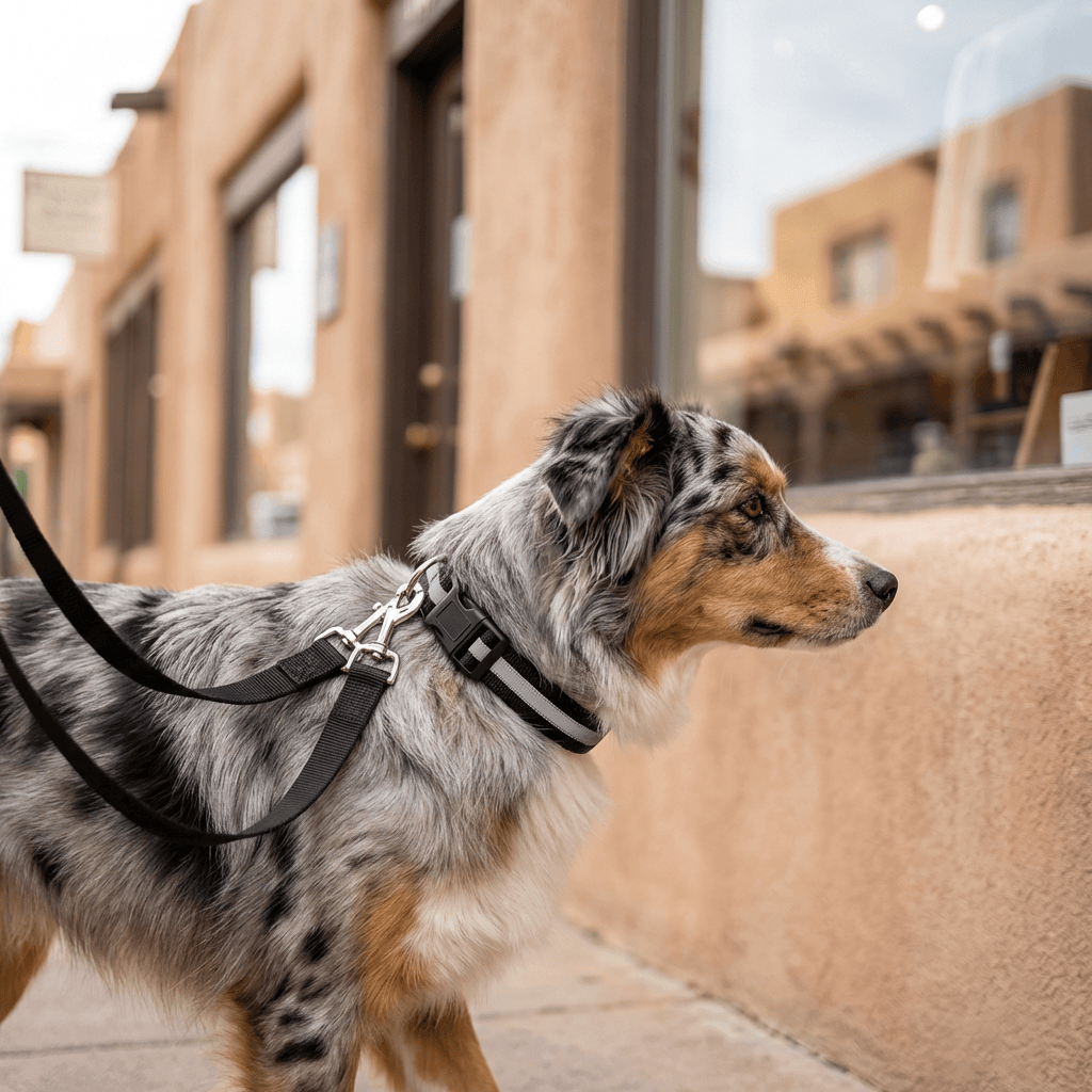 Rechargeable Flashing Light Collar for Dogs on a dog walking in town, enhancing visibility during night walks.