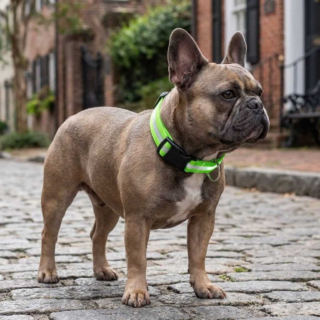Rechargeable Flashing Light Collar for Dogs on a French Bulldog, featuring bright LED safety for nighttime visibility.