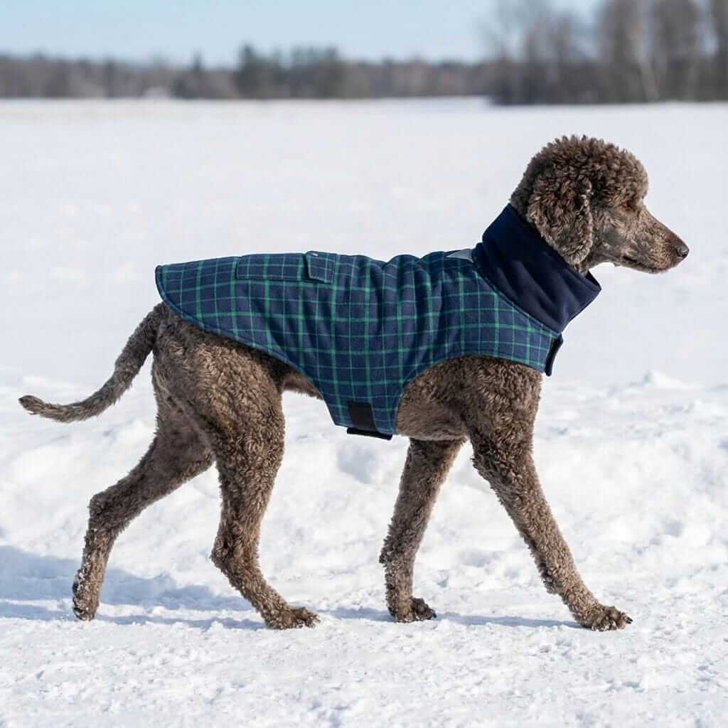 Reflective Charge Dog Winter Coat on a dog, featuring breathable fabric and lightweight design, perfect for cold weather outings.