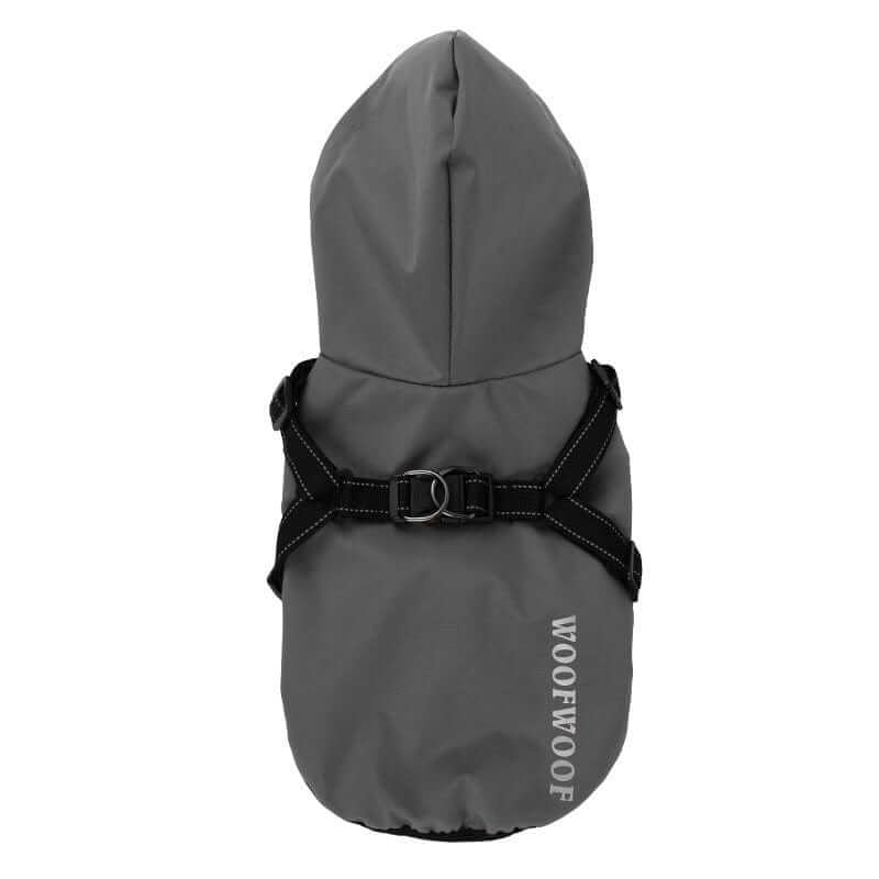 Reflective Dog Raincoat with Hood by WoofWoof, grey raincoat with hood, features adjustable straps for dogs and cats.