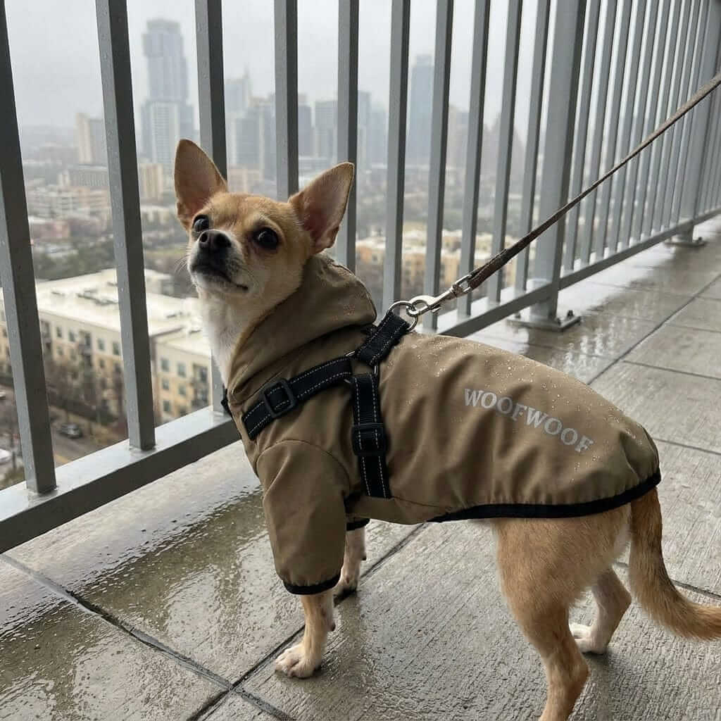 Reflective Dog Raincoat with Hood on a small dog standing on a balcony during rain. Perfect for pets' comfort and safety.
