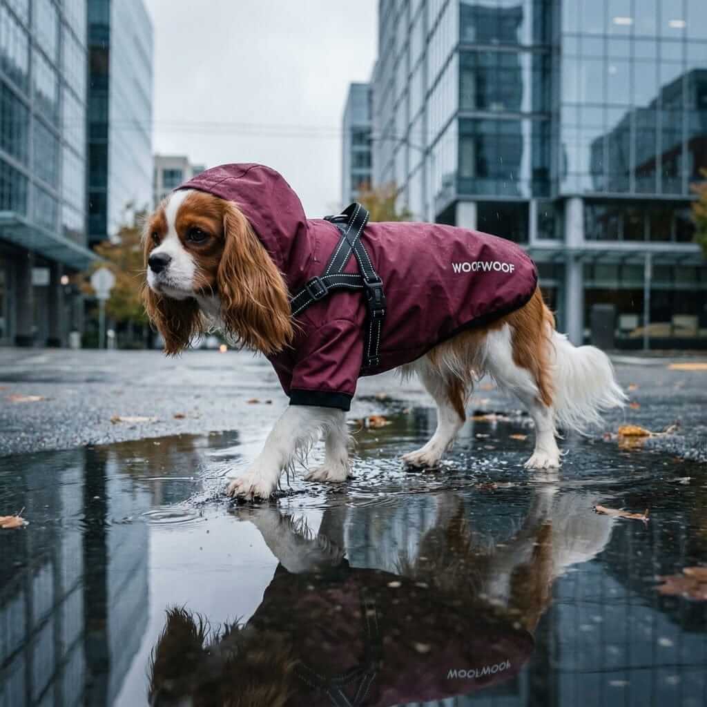 Reflective Dog Raincoat with Hood on a dog in a city, showcasing safety features for rainy walks.