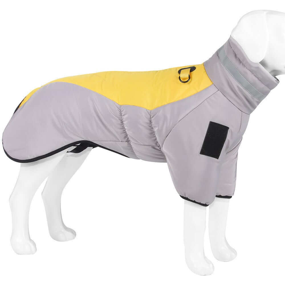 Reflective Dog Winter Jacket for medium to large dogs, high-neck, cotton-padded, features reflective strips for visibility.