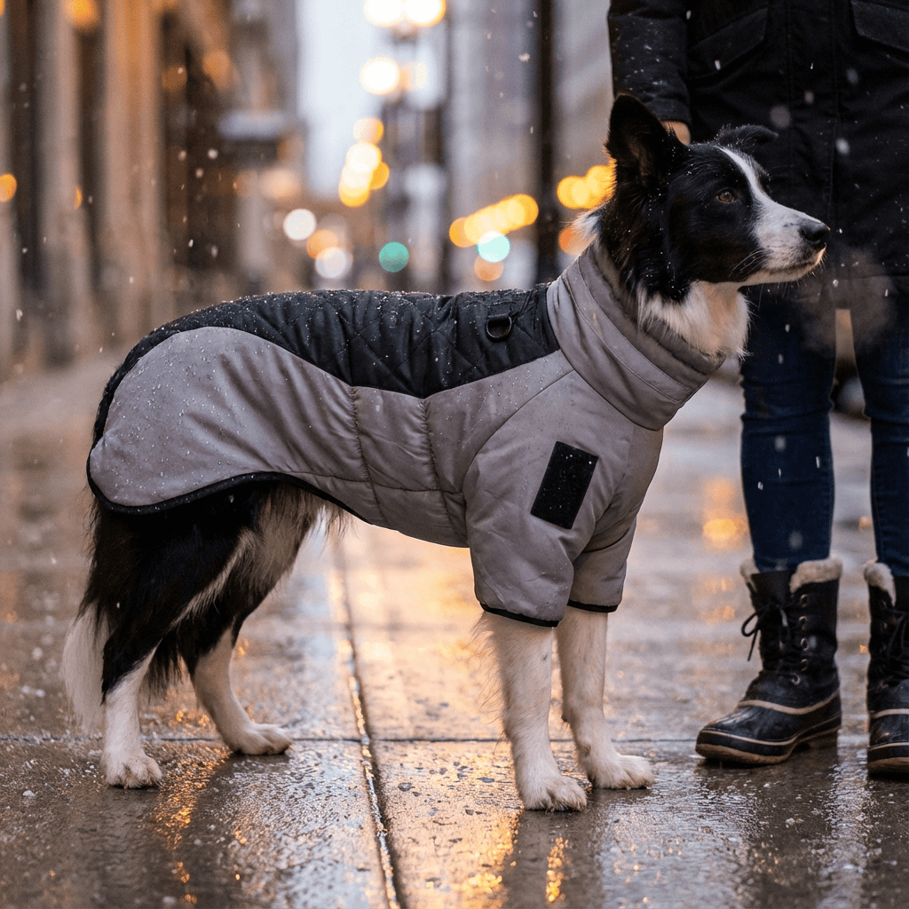 Reflective Dog Winter Jacket on a dog, designed for warmth and visibility with reflective strips, perfect for medium to large dogs.