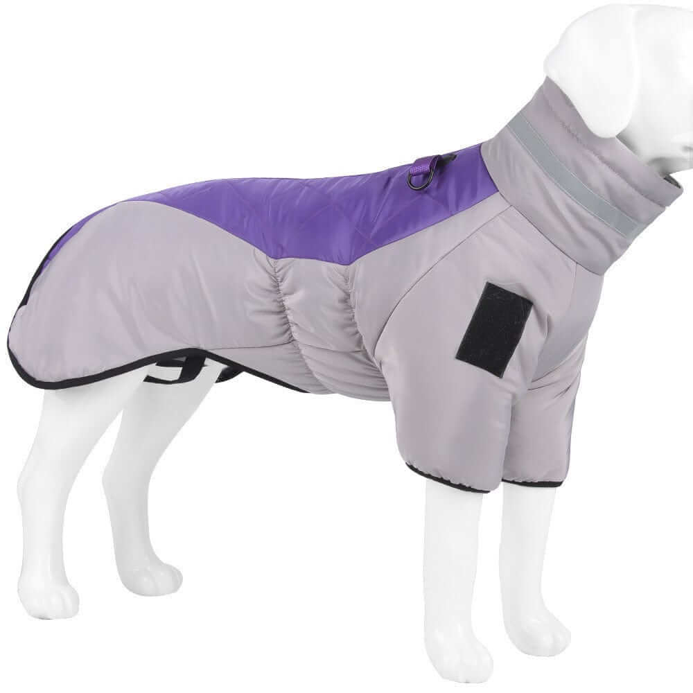 Reflective Dog Winter Jacket for medium to large dogs, high-neck, cotton-padded with reflective strips for warmth and visibility.