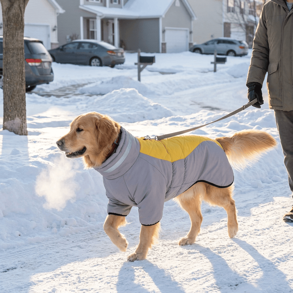 Reflective Dog Winter Jacket on a golden retriever during winter walks, showcasing warmth, visibility, and comfort.