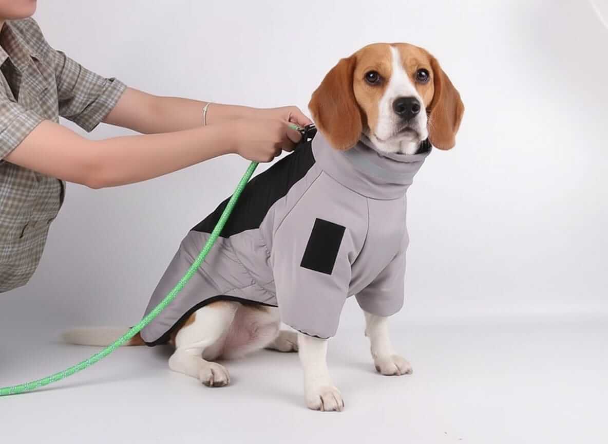 Reflective Dog Winter Jacket on a Beagle, showcasing high-neck design, cotton padding, and reflective safety features.