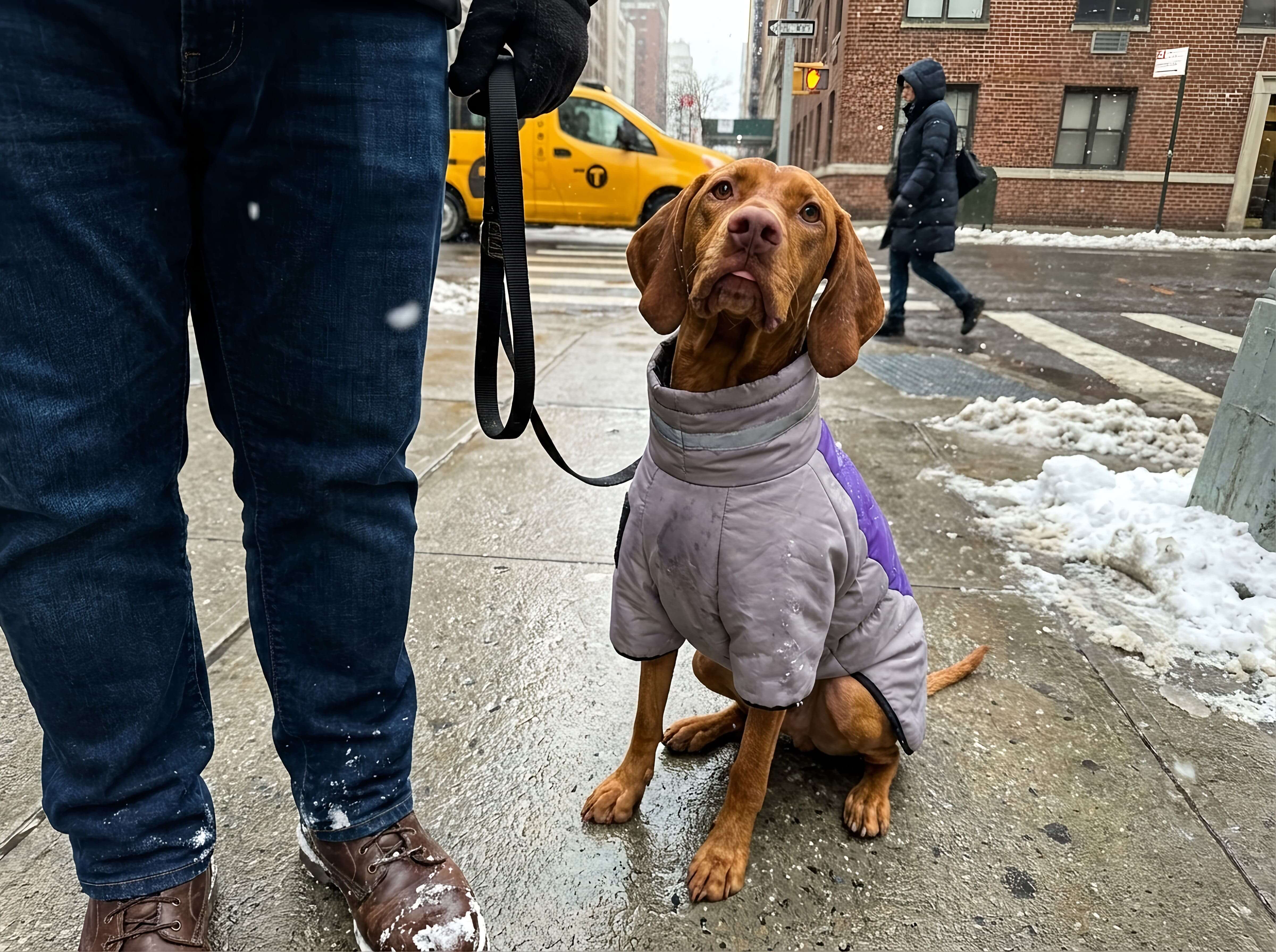 Reflective Dog Winter Jacket on a medium dog sitting outside in snow, showcasing warmth, comfort, and visibility.