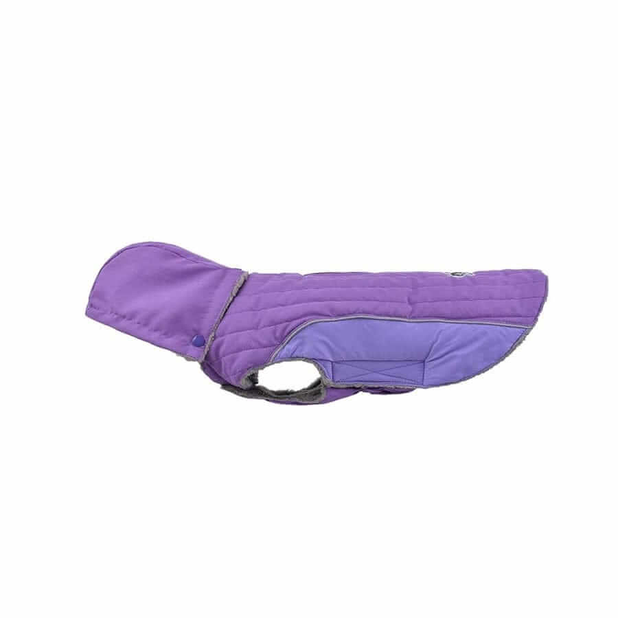 Removable Hood Dog Jacket in purple color, featuring soft sherpa lining and faux fur, perfect for cold weather and water-resistant.