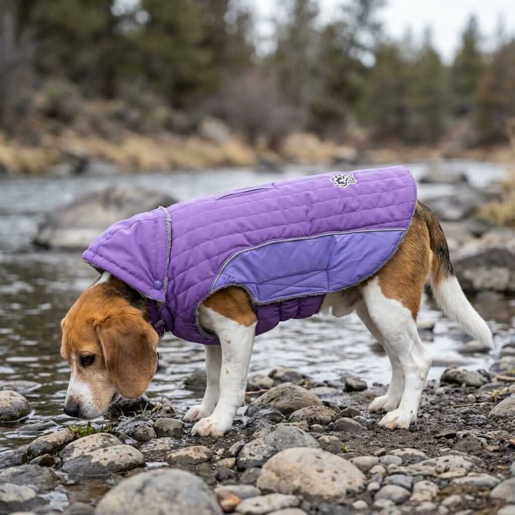Beagle wearing a Removable Hood Dog Jacket by Dogs & Cats, featuring soft sherpa lining and water-resistant exterior.