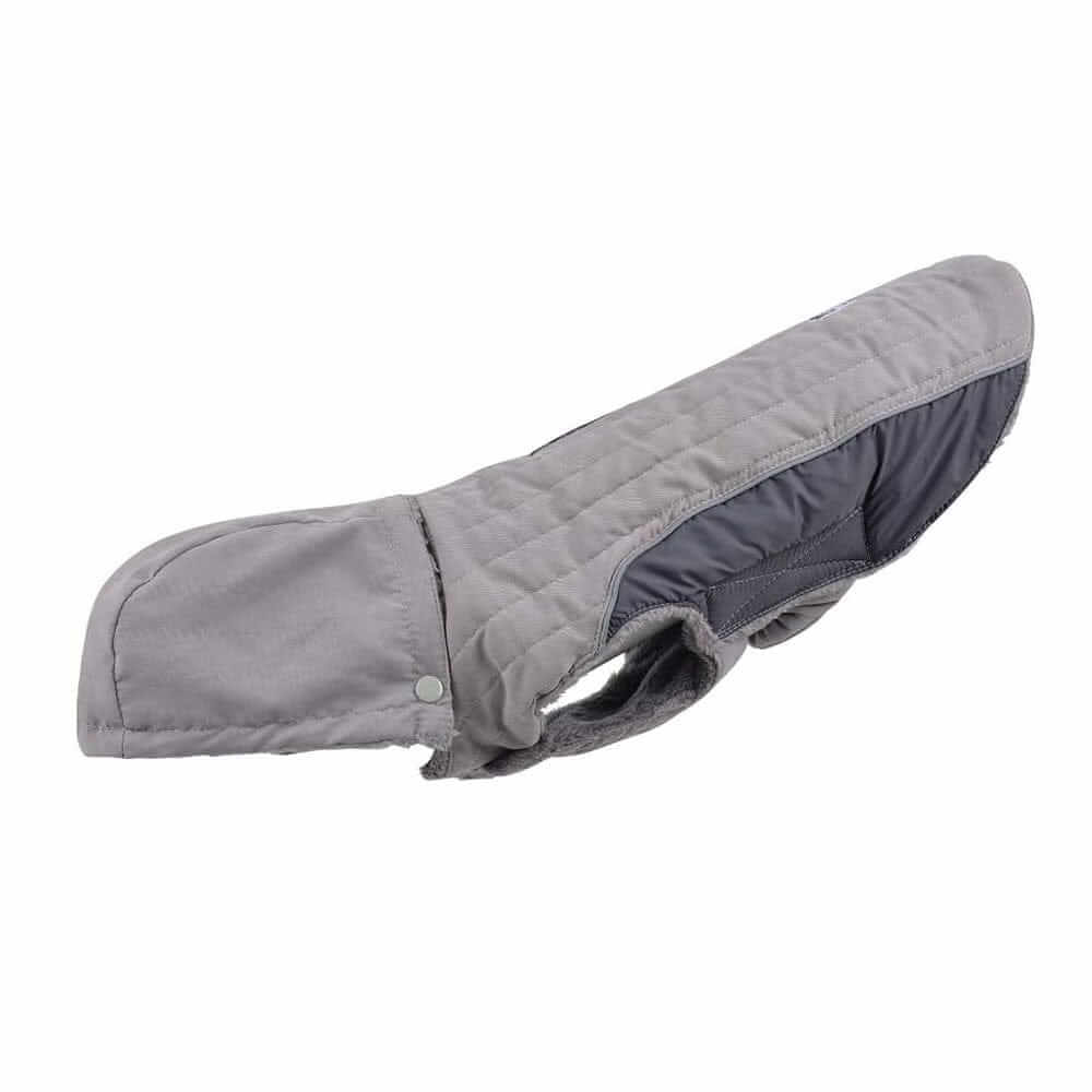 Removable Hood Dog Jacket featuring water-resistant exterior and soft sherpa lining for comfort in cold weather.