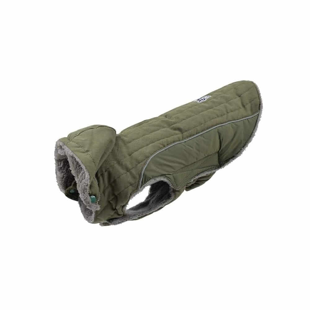 Removable Hood Dog Jacket designed for warmth and comfort, featuring soft sherpa lining and water-resistant exterior.