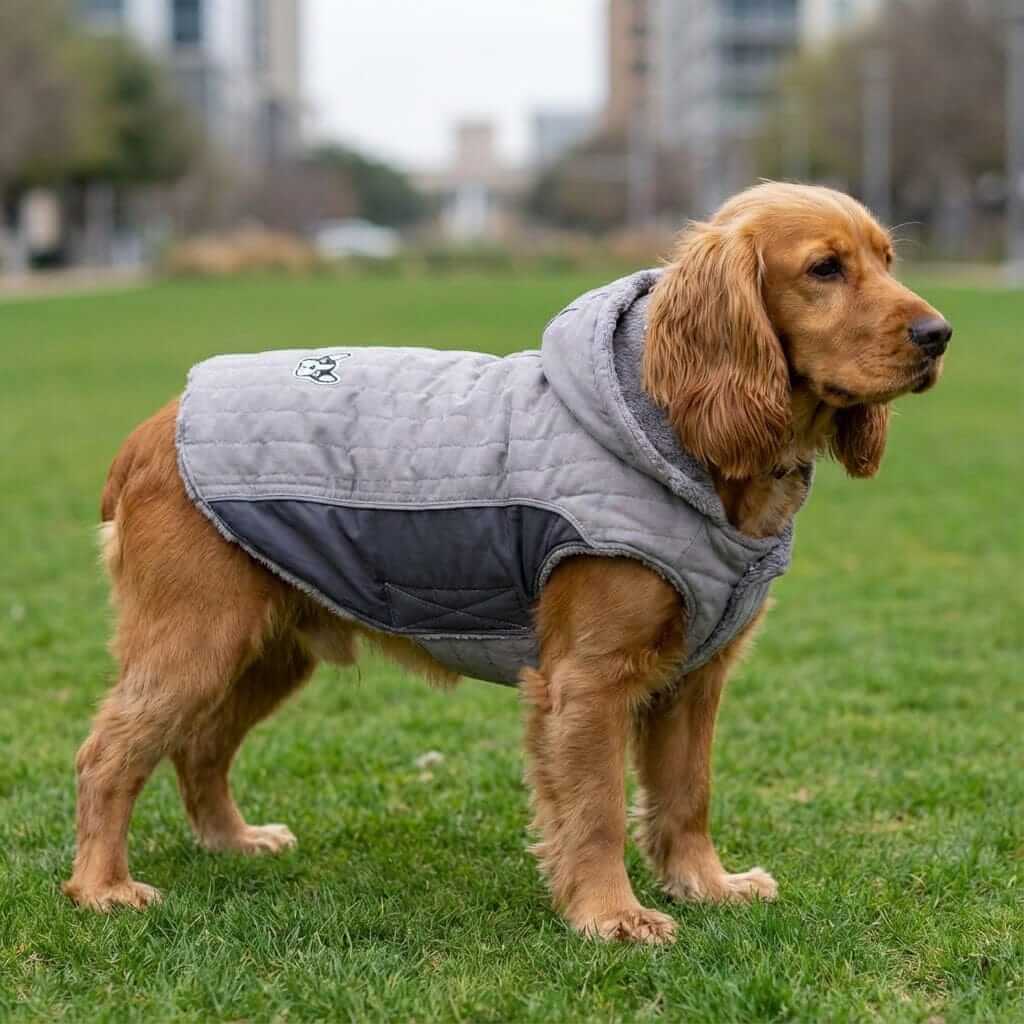 Removable Hood Dog Jacket on a golden retriever, featuring water-resistant design and warm sherpa lining by Dogs & Cats.