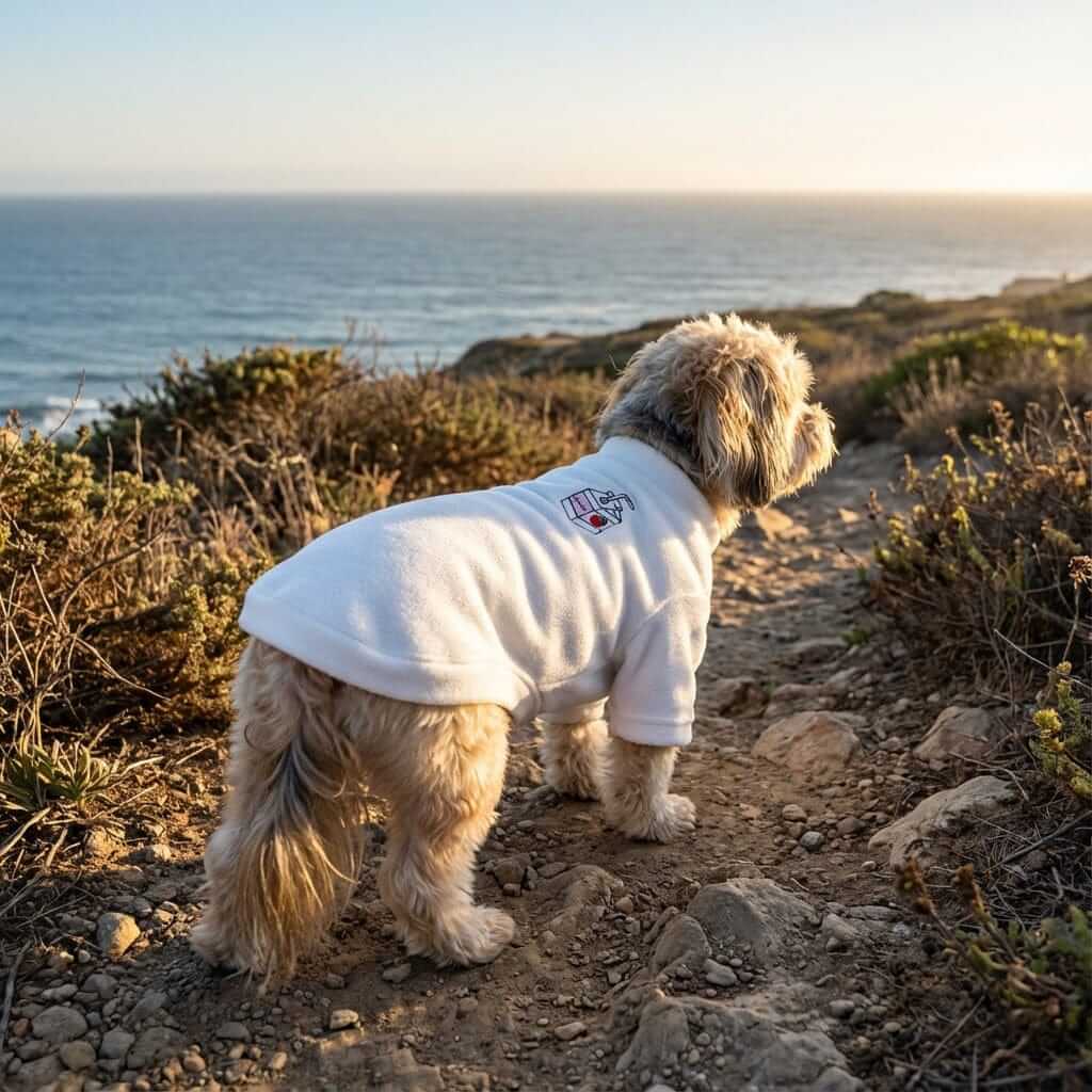 Dog wearing Restaurant Desires Dog Sweater, exploring a scenic coast with soft fabric, short sleeves and stylish design.