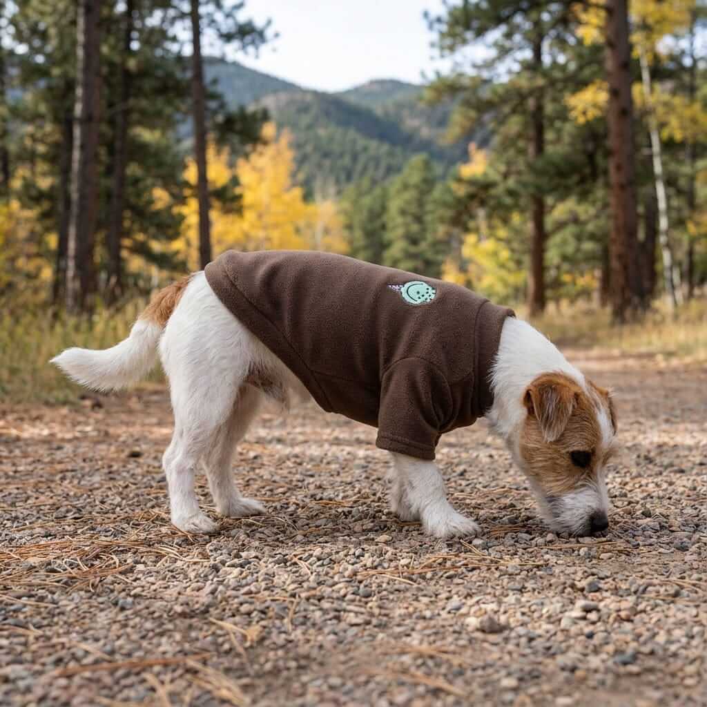 Restaurant Desires Dog Sweater on a dog in a forest, featuring short sleeves, breathable fabric, and cute design.