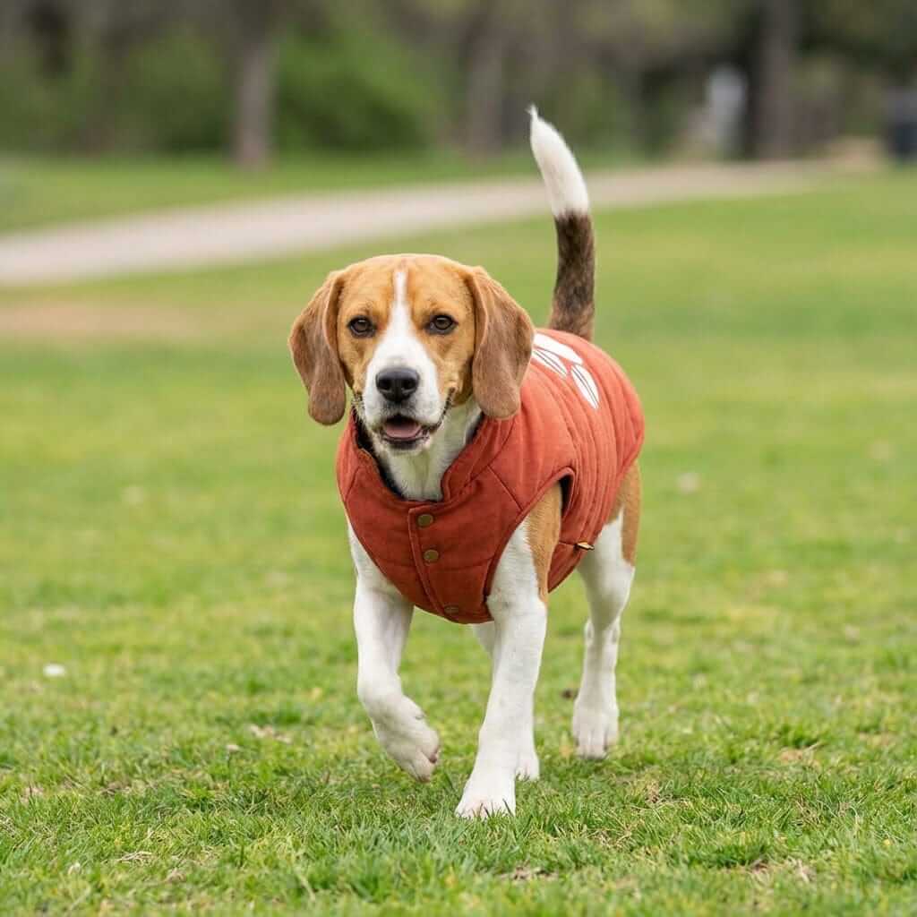 Beagle wearing a Reversible French Bulldog Down Jacket in orange on a grassy field, showcasing comfort and style.