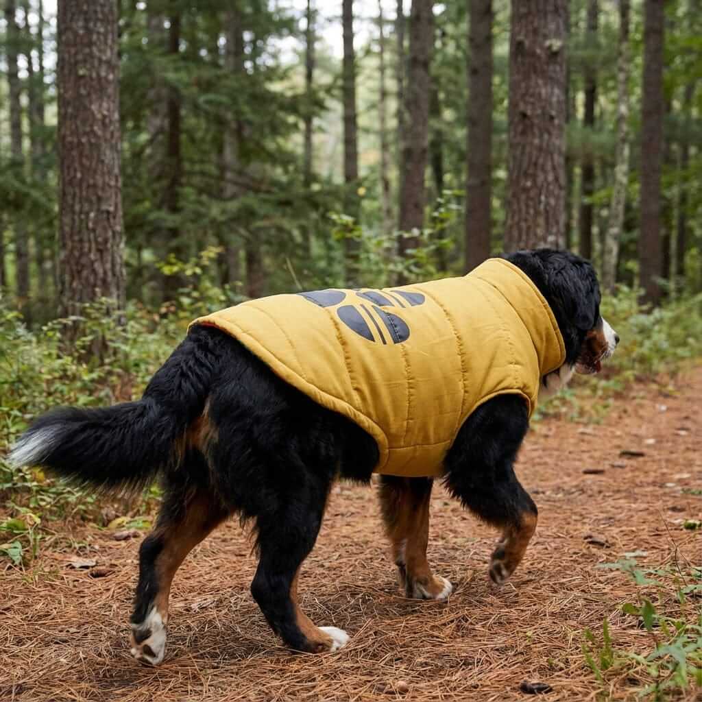 Reversible French Bulldog Down Jacket on a dog outdoors in the forest, showcasing its stylish design and comfort.