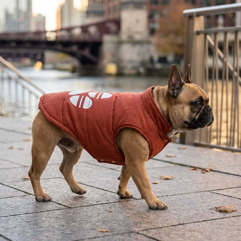 Reversible French Bulldog Down Jacket on a bulldog by the river, featuring stylish design and comfortable fit from Dogs & Cats.