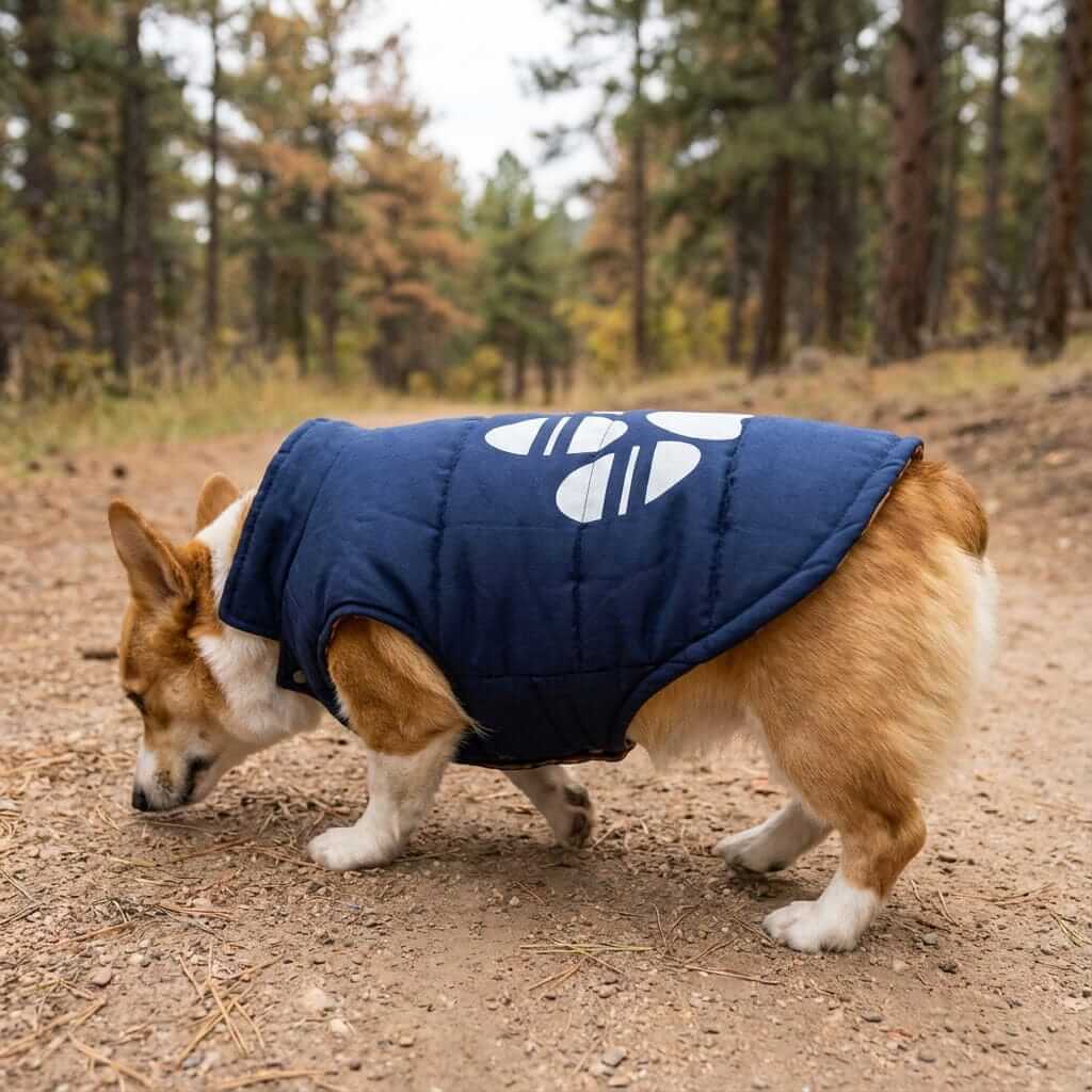 Reversible French Bulldog Down Jacket on a corgi, stylish dog jacket perfect for cold weather by Dogs & Cats.
